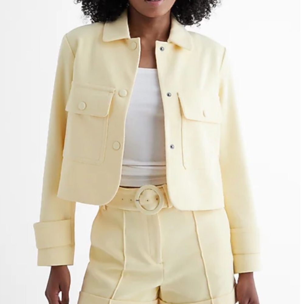 Express Cropped Snap Button Front Pastel Yellow Blazer